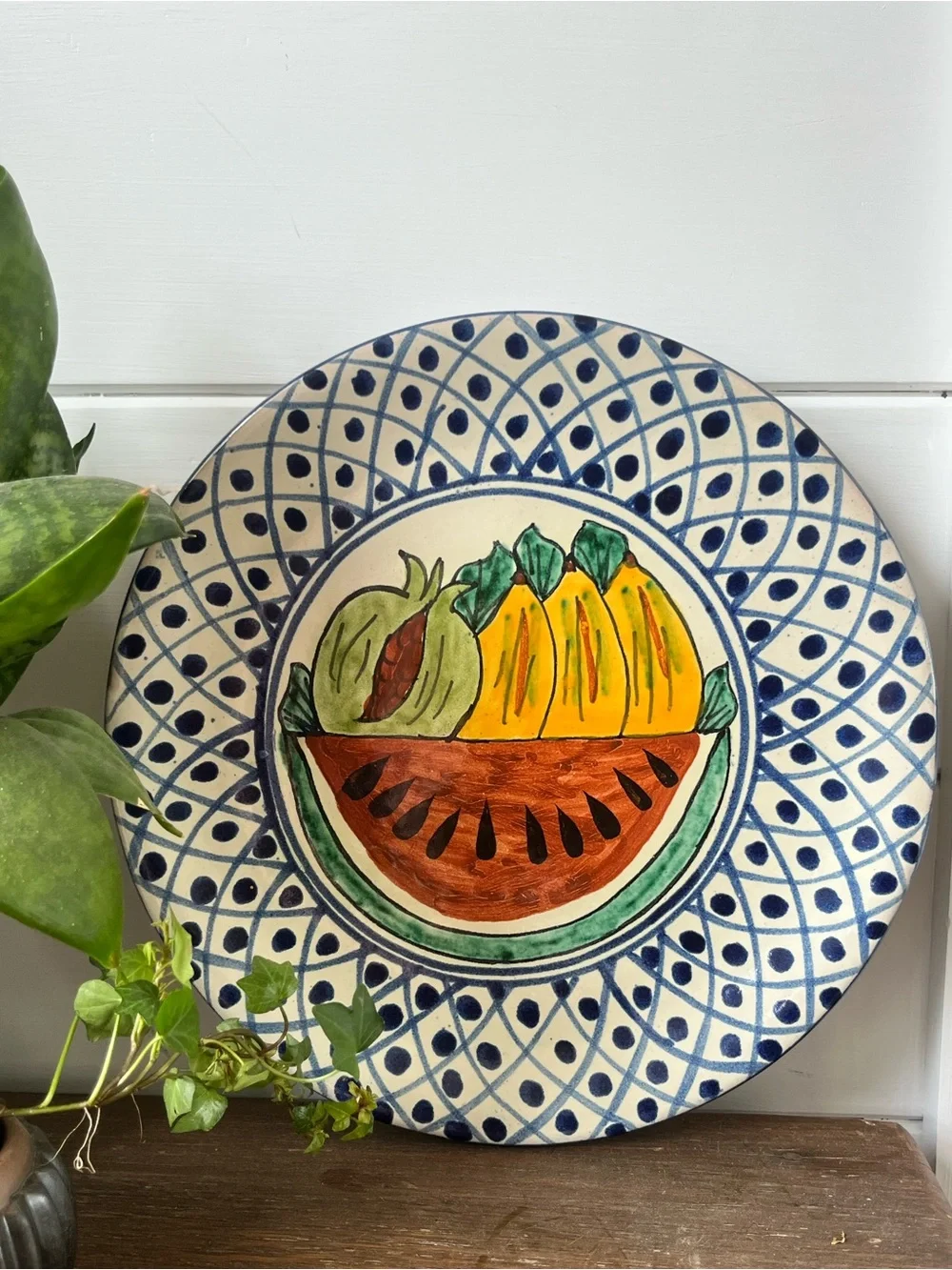Hand painted Mexican pottery decorative plate, colorful fruit design